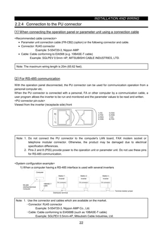 INSTALLATION AND WIRING
22
2.2.4 Connection to the PU connector
(1) When connecting the operation panel or parameter unit using a connection cable
Recommended cable connector
• Parameter unit connection cable (FR-CB2) (option) or the following connector and cable.
• Connector: RJ45 connector
Example: 5-554720-3, Nippon AMP
• Cable: Cable conforming to EIA568 (e.g. 10BASE-T cable)
Example: SGLPEV 0.5mm×4P, MITSUBISHI CABLE INDUSTRIES, LTD.
Note: The maximum wiring length is 20m (65.62 feet).
(2) For RS-485 communication
With the operation panel disconnected, the PU connector can be used for communication operation from a
personal computer etc.
When the PU connector is connected with a personal, FA or other computer by a communication cable, a
user program allows the inverter to be run and monitored and the parameter values to be read and written.
PU connector pin-outs
Viewed from the inverter (receptacle side) front
1) SG
2) P5S
3) RDA
4) SDB
5) SDA
6) RDB
7) SG
8) P5S
1)
8)
Note: 1. Do not connect the PU connector to the computer's LAN board, FAX modem socket or
telephone modular connector. Otherwise, the product may be damaged due to electrical
specification differences.
2. Pins 2 and 8 (P5S) provide power to the operation unit or parameter unit. Do not use these pins
for RS-485 communication.
System configuration example
1) When a computer having a RS-485 interface is used with several inverters
PU connectorPU connector
Computer
Inverter
Station 1
PU connector
Inverter
Station 2
Inverter
Station n
RS-485
interface/terminal
Computer
10BASE-T
cable
Terminal resistor jumper
Distribution terminal
Note: 1. Use the connector and cables which are available on the market.
x Connector: RJ45 connector
Example: 5-554720-3, Nippon AMP Co., Ltd.
x Cable: Cable conforming to EIA568B (such as 10BASE-T cable)
Example: SGLPEV 0.5mm×4P, Mitsubishi Cable Industries, Ltd.
 