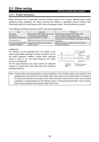 2.3 Other wiring
INSTALLATION AND WIRING
29
2.3 Other wiring
2.3.1 Power harmonics
Power harmonics may be generated from the converter section of the inverter, affecting power supply
equipment, power capacitors, etc. Power harmonics are different in generation source, frequency and
transmission path from radio frequency (RF) noise and leakage currents. Take the following measures.
• The differences between harmonics and RF noise are indicated below:
Item Harmonics RF Noise
Frequency Normally 40 to 50th degrees, 3kHz or less High frequency (several 10kHz to MHz order)
Environment To wire paths, power impedance Accross spaces, distance, laying paths
Quantitative understanding Logical computation is possible Occurs randomly, quantitative understanding is difficult.
Generated amount Approximately proportional to load capacity
According to current fluctuation rate (larger with faster
switching)
Immunity of affected device Specified in standards for each device. Differs according to maker’s device specifications.
Example of safeguard Install a reactor Increase the distance.
• Safeguard
The harmonic current generated from the inverter to the
power supply differs according to various conditions such as
the wiring impedance, whether a power factor improving
reactor is used or not, and output frequency and output
current on the load side.
For the output frequency and output current, the adequate
method is to obtain them under rated load at the maximum
operating frequency.
NFB
IMInverter
Power factor
improving DC
reactor
Motor
Do not insert power factor
improving capacitor
Power factor
improving AC
reactor
Note: A power factor improving capacitor or surge suppressor on the inverter’s output may overheat or be
damaged due to the harmonics of the inverter output. Also, when an overcurrent flows in the inverter,
the overcurrent protection is activated, Hence, when the motor is driven by the inverter, do not install
a capacitor or surge suppressor on the inverter’s output. To improve the power factor, insert a power
factor improving reactor in the inverter’s input or DC circuit.
 