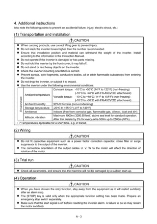 A - 3
4. Additional instructions
Also note the following points to prevent an accidental failure, injury, electric shock, etc.:
(1) Transportation and installation
CAUTION
z When carrying products, use correct lifting gear to prevent injury.
z Do not stack the inverter boxes higher than the number recommended.
z Ensure that installation position and material can withstand the weight of the inverter. Install
according to the information in the Instruction Manual.
z Do not operate if the inverter is damaged or has parts missing.
z Do not hold the inverter by the front cover; it may fall off.
z Do not stand or rest heavy objects on the inverter.
z Check the inverter mounting orientation is correct.
z Prevent screws, wire fragments, conductive bodies, oil or other flammable substances from entering
the inverter.
z Do not drop the inverter, or subject it to impact.
z Use the inverter under the following environmental conditions:
Ambient temperature
Constant torque: -10°C to +50°C (14°F to 122°F) (non-freezing)
(-10°C to +40°C with FR-A5CVUU attachment)
Variable torque: -10°C to +40°C (14°F to 104°F) (non-freezing)
(-10°C to +30°C with FR-A5CVUU attachment)
Ambient humidity 90%RH or less (non-condensing)
Storage temperature -20°C to +65°C* (-4°F to 149°F)
Ambience Indoors (free from corrosive gas, flammable gas, oil mist, dust and dirt)
Environment
Altitude, vibration
Maximum 1000m (3280.80 feet.) above sea level for standard operation.
After that derate by 3% for every extra 500m up to 2500m (91%).
••*Temperatures applicable for a short time, e.g. in transit.
(2) Wiring
CAUTION
z Do not fit capacitive equipment such as a power factor correction capacitor, noise filter or surge
suppressor to the output of the inverter.
z The connection orientation of the output cables U, V, W to the motor will affect the direction of
rotation of the motor.
(3) Trial run
CAUTION
z Check all parameters, and ensure that the machine will not be damaged by a sudden start-up.
(4) Operation
CAUTION
z When you have chosen the retry function, stay away from the equipment as it will restart suddenly
after an alarm stop.
z The [STOP] key is valid only when the appropriate function setting has been made. Prepare an
emergency stop switch separately.
z Make sure that the start signal is off before resetting the inverter alarm. A failure to do so may restart
the motor suddenly.
 