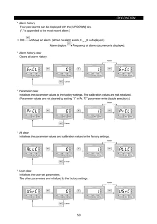 OPERATION
50
· Alarm history
Four past alarms can be displayed with the [UP/DOWN] key.
(. is appended to the most recent alarm.)
E.HIS
SET
Shows an alarm. (When no alarm exists, E._ _0 is displayed.)
Alarm display
SET
Frequency at alarm occurrence is displayed.
· Alarm history clear
Clears all alarm history.
SET SET
SET
Flicker
Cancel
FR-DU04 CONTROL PANEL
Hz
MON EXT PU
A
V
REV FWD
FR-DU04 CONTROL PANEL
Hz
MON EXT PU
A
V
REV FWD
FR-DU04 CONTROL PANEL
Hz
MON EXT PU
A
V
REV FWD
FR-DU04 CONTROL PANEL
Hz
MON EXT PU
A
V
REV FWD
· Parameter clear
Initialises the parameter values to the factory settings. The calibration values are not initialized.
(Parameter values are not cleared by setting 1 in Pr. 77 parameter write disable selection).)
SET SET
SET
Flicker
Cancel
FR-DU04 CONTROL PANEL
Hz
MON EXT PU
A
V
REV FWD
FR-DU04 CONTROL PANEL
Hz
MON EXT PU
A
V
REV FWD
FR-DU04 CONTROL PANEL
Hz
MON EXT PU
A
V
REV FWD
FR-DU04 CONTROL PANEL
Hz
MON EXT PU
A
V
REV FWD
· All clear
Initialises the parameter values and calibration values to the factory settings.
SET SET
SET
Flicker
Cancel
FR-DU04 CONTROL PANEL
Hz
MON EXT PU
A
V
REV FWD
FR-DU04 CONTROL PANEL
Hz
MON EXT PU
A
V
REV FWD
FR-DU04 CONTROL PANEL
Hz
MON EXT PU
A
V
REV FWD
FR-DU04 CONTROL PANEL
Hz
MON EXT PU
A
V
REV FWD
· User clear
Initialises the user-set parameters.
The other parameters are initialized to the factory settings.
SET SET
SET
Flicker
Cancel
FR-DU04 CONTROL PANEL
Hz
MON EXT PU
A
V
REV FWD
FR-DU04 CONTROL PANEL
Hz
MON EXT PU
A
V
REV FWD
FR-DU04 CONTROL PANEL
Hz
MON EXT PU
A
V
REV FWD
FR-DU04 CONTROL PANEL
Hz
MON EXT PU
A
V
REV FWD
 