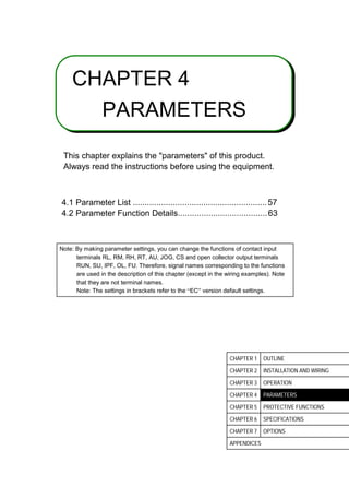 4
CHAPTER 4
PARAMETERS
This chapter explains the parameters of this product.
Always read the instructions before using the equipment.
4.1 Parameter List .........................................................57
4.2 Parameter Function Details......................................63
Note: By making parameter settings, you can change the functions of contact input
terminals RL, RM, RH, RT, AU, JOG, CS and open collector output terminals
RUN, SU, IPF, OL, FU. Therefore, signal names corresponding to the functions
are used in the description of this chapter (except in the wiring examples). Note
that they are not terminal names.
Note: The settings in brackets refer to the “EC” version default settings.
CHAPTER 1 OUTLINE
CHAPTER 2 INSTALLATION AND WIRING
CHAPTER 3 OPERATION
CHAPTER 4 PARAMETERS
CHAPTER 5 PROTECTIVE FUNCTIONS
CHAPTER 6 SPECIFICATIONS
CHAPTER 7 OPTIONS
APPENDICES
 