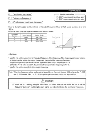 PARAMETERS
64
Pr. 903 frequency setting voltage gain
Pr. 905 frequency setting current gain
Related parameters
z Output frequency range (Pr. 1, Pr. 2, Pr. 18)
Pr. 1 maximum frequency
Pr. 2 minimum frequency
Pr. 18 high-speed maximum frequency
Used to clamp the upper and lower limits of the output frequency. Used for high-speed operation at or over
120Hz.
z Can be used to set the upper and lower limits of motor speed.
Parameter
Number
Factory Setting Setting Range
1 120Hz 0 to 120Hz
2 0Hz 0 to 120Hz
18 120Hz 120 to 400Hz
Pr.1
Pr.18
Pr.2
5,10V0
Frequency setting
Output frequency
20mA, etc.
Setting
· Use Pr. 1 to set the upper limit of the output frequency. If the frequency of the frequency command entered
is higher than the setting, the output frequency is clamped at the maximum frequency.
To perform operation over 120Hz, set the upper limit of the output frequency in Pr. 18.
(When the Pr. 18 value is set, Pr. 1 automatically changes to the frequency in Pr. 18.)
· Use Pr. 2 to set the lower limit of the output frequency.
Note: When the frequency setting analog signal is used to run the motor beyond 60Hz, change the Pr. 903
and Pr. 905 values. If Pr. 1 or Pr. 18 is only changed, the motor cannot run beyond 60Hz.
CAUTION
When the Pr. 2 setting is higher than the Pr. 13 value, note that the motor will run at the set
frequency by merely switching the start signal on, without entering the command frequency.
 