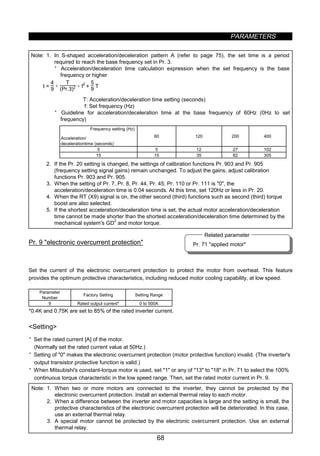 PARAMETERS
68
Pr. 71 applied motor
Related parameter
Note: 1. In S-shaped acceleration/deceleration pattern A (refer to page 75), the set time is a period
required to reach the base frequency set in Pr. 3.
· Acceleration/deceleration time calculation expression when the set frequency is the base
frequency or higher
t =
4
9
×
T
(Pr.3)2 × f
2
+
5
9 T
T: Acceleration/deceleration time setting (seconds)
f: Set frequency (Hz)
· Guideline for acceleration/deceleration time at the base frequency of 60Hz (0Hz to set
frequency)
Frequency setting (Hz)
Acceleration/
decelerationtime (seconds)
60 120 200 400
5 5 12 27 102
15 15 35 82 305
2. If the Pr. 20 setting is changed, the settings of calibration functions Pr. 903 and Pr. 905
(frequency setting signal gains) remain unchanged. To adjust the gains, adjust calibration
functions Pr. 903 and Pr. 905.
3. When the setting of Pr. 7, Pr. 8, Pr. 44, Pr. 45, Pr. 110 or Pr. 111 is 0, the
acceleration/deceleration time is 0.04 seconds. At this time, set 120Hz or less in Pr. 20.
4. When the RT (X9) signal is on, the other second (third) functions such as second (third) torque
boost are also selected.
5. If the shortest acceleration/deceleration time is set, the actual motor acceleration/deceleration
time cannot be made shorter than the shortest acceleration/deceleration time determined by the
mechanical system's GD
2
and motor torque.
z Electronic overcurrent protection (Pr. 9)
Pr. 9 electronic overcurrent protection
Set the current of the electronic overcurrent protection to protect the motor from overheat. This feature
provides the optimum protective characteristics, including reduced motor cooling capability, at low speed.
Parameter
Number
Factory Setting Setting Range
9 Rated output current* 0 to 500A
*0.4K and 0.75K are set to 85% of the rated inverter current.
Setting
· Set the rated current [A] of the motor.
(Normally set the rated current value at 50Hz.)
· Setting of 0 makes the electronic overcurrent protection (motor protective function) invalid. (The inverter's
output transistor protective function is valid.)
· When Mitsubishi's constant-torque motor is used, set 1 or any of 13 to 18 in Pr. 71 to select the 100%
continuous torque characteristic in the low speed range. Then, set the rated motor current in Pr. 9.
Note: 1. When two or more motors are connected to the inverter, they cannot be protected by the
electronic overcurrent protection. Install an external thermal relay to each motor.
2. When a difference between the inverter and motor capacities is large and the setting is small, the
protective characteristics of the electronic overcurrent protection will be deteriorated. In this case,
use an external thermal relay.
3. A special motor cannot be protected by the electronic overcurrent protection. Use an external
thermal relay.
 