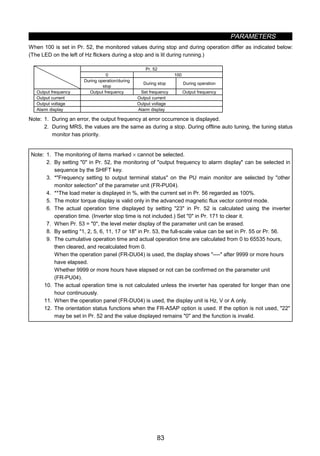 PARAMETERS
83
When 100 is set in Pr. 52, the monitored values during stop and during operation differ as indicated below:
(The LED on the left of Hz flickers during a stop and is lit during running.)
Pr. 52
0 100
During operation/during
stop
During stop During operation
Output frequency Output frequency Set frequency Output frequency
Output current Output current
Output voltage Output voltage
Alarm display Alarm display
Note: 1. During an error, the output frequency at error occurrence is displayed.
2. During MRS, the values are the same as during a stop. During offline auto tuning, the tuning status
monitor has priority.
Note: 1. The monitoring of items marked × cannot be selected.
2. By setting 0 in Pr. 52, the monitoring of output frequency to alarm display can be selected in
sequence by the SHIFT key.
3. *Frequency setting to output terminal status on the PU main monitor are selected by other
monitor selection of the parameter unit (FR-PU04).
4. **The load meter is displayed in %, with the current set in Pr. 56 regarded as 100%.
5. The motor torque display is valid only in the advanced magnetic flux vector control mode.
6. The actual operation time displayed by setting 23 in Pr. 52 is calculated using the inverter
operation time. (Inverter stop time is not included.) Set 0 in Pr. 171 to clear it.
7. When Pr. 53 = 0, the level meter display of the parameter unit can be erased.
8. By setting 1, 2, 5, 6, 11, 17 or 18 in Pr. 53, the full-scale value can be set in Pr. 55 or Pr. 56.
9. The cumulative operation time and actual operation time are calculated from 0 to 65535 hours,
then cleared, and recalculated from 0.
When the operation panel (FR-DU04) is used, the display shows ---- after 9999 or more hours
have elapsed.
Whether 9999 or more hours have elapsed or not can be confirmed on the parameter unit
(FR-PU04).
10. The actual operation time is not calculated unless the inverter has operated for longer than one
hour continuously.
11. When the operation panel (FR-DU04) is used, the display unit is Hz, V or A only.
12. The orientation status functions when the FR-A5AP option is used. If the option is not used, 22
may be set in Pr. 52 and the value displayed remains 0 and the function is invalid.
 
