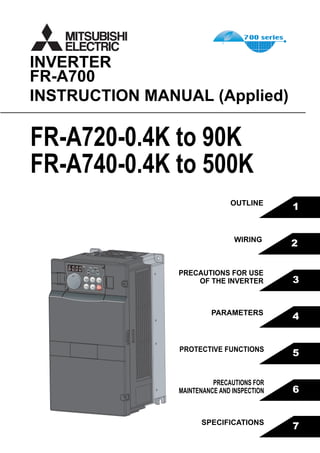 HEAD OFFICE:TOKYO BLDG MARUNOUCHI TOKYO 100-8310
3
4
5
6
7
1
2
FR-A700
INSTRUCTION MANUAL (Applied)
INVERTER
PRECAUTIONS FOR USE
OF THE INVERTER
PARAMETERS
PROTECTIVE FUNCTIONS
PRECAUTIONS FOR
MAINTENANCE AND INSPECTION
SPECIFICATIONS
OUTLINE
WIRING
FR-A720-0.4K to 90K
FR-A740-0.4K to 500K
IB-0600226ENG-C (0702)MEE Printed in Japan Specifications subject to change without notice.
FR-A700INVERTERINSTRUCTIONMANUAL(Applied)
C
 