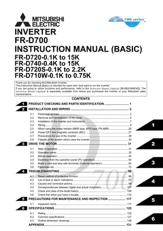 FR-D700
INSTRUCTION MANUAL (BASIC)
FR-D720-0.1K to 15K
FR-D740-0.4K to 15K
FR-D720S-0.1K to 2.2K
FR-D710W-0.1K to 0.75K
INVERTER
IB(NA)-0600365ENG-F(0910)MEE Printed in Japan Specifications subject to change without notice.
FR-D700INVERTERINSTRUCTIONMANUAL(BASIC)
F
700HEAD OFFICE: TOKYO BUILDING 2-7-3, MARUNOUCHI, CHIYODA-KU, TOKYO 100-8310, JAPAN
1
2
3
4
5
6
MODEL
MODEL
CODE
1A2-P34
FR-D700
INSTRUCTION MANUAL (BASIC)
CONTENTS
PRODUCT CHECKING AND PARTS IDENTIFICATION ............................. 1
INSTALLATION AND WIRING ..................................................................... 2
2.1 Peripheral devices..................................................................................................... 3
2.2 Removal and reinstallation of the cover.................................................................... 4
2.3 Installation of the inverter and instructions ............................................................... 7
2.4 Wiring ........................................................................................................................ 9
2.5 When using the brake resistor (MRS type, MYS type, FR-ABR)........................... 26
2.6 Power-OFF and magnetic contactor (MC).............................................................. 27
2.7 Precautions for use of the inverter.......................................................................... 28
2.8 Failsafe of the system which uses the inverter....................................................... 30
DRIVE THE MOTOR ................................................................................... 31
3.1 Step of operation.....................................................................................................31
3.2 Operation panel....................................................................................................... 32
3.3 Before operation......................................................................................................40
3.4 Start/stop from the operation panel (PU operation)................................................ 54
3.5 Make a start and stop with terminals (External operation) ..................................... 62
3.6 Parameter list .......................................................................................................... 72
TROUBLESHOOTING ................................................................................ 96
4.1 Reset method of protective function ....................................................................... 96
4.2 List of fault or alarm indications .............................................................................. 97
4.3 Causes and corrective actions................................................................................98
4.4 Correspondences between digital and actual characters.....................................107
4.5 Check and clear of the faults history..................................................................... 108
4.6 Check first when you have a trouble..................................................................... 110
PRECAUTIONS FOR MAINTENANCE AND INSPECTION..................... 117
5.1 Inspection items ....................................................................................................117
SPECIFICATIONS..................................................................................... 125
6.1 Rating.................................................................................................................... 125
6.2 Common specifications......................................................................................... 127
6.3 Outline dimension drawings.................................................................................. 128
APPENDIX................................................................................................. 131
Thank you for choosing this Mitsubishi Inverter.
This Instruction Manual (Basic) is intended for users who "just want to run the inverter".
If you are going to utilize functions and performance, refer to the Instruction Manual (Applied) [IB-0600366ENG]. The
Instruction Manual (Applied) is separately available from where you purchased the inverter or your Mitsubishi sales
representative.
1
2
3
4
5
6
 