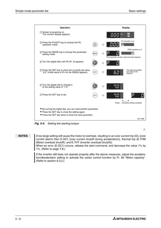 Simple mode parameter list Basic settings
5 - 6
Ħ
I001746E
Fig. 5-4: Setting the starting torque
NOTES A too large setting will cause the motor to overheat, resulting in an over current trip (OL (over
current alarm) then E.OC1 (over current shutoff during acceleration)), thermal trip (E.THM
(Motor overload shutoff), and E.THT (Inverter overload shutoff)).
When an error (E.OC1) occurs, release the start command, and decrease the value 1% by
1%. (Refer to page 7-8.)
If the inverter still does not operate properly after the above measures, adjust the accelera-
tion/deceleration setting or activate the vector control function by Pr. 80 "Motor capacity".
(Refer to section 6.3.2.)
ቢ Screen at powering on
The monitor display appears.
ባ Press the PU/EXT key to choose the PU
operation mode.
ቤ Press the MODE key to choose the parameter
setting mode.
ብ Turn the digital dial until P.0 (Pr. 0) appears.
ቦ Press the SET key to show the currently set value.
"6.0" (initial value is 6% for the 00026) appears.
ቧ Turn the digital dial to change it
to the setting value of "7.0".
ቨ Press the SET key to set.
Operation Display
The parameter number read previously appears.
Flicker ... Parameter setting complete!
PU indication is lit.
The initial value differs
according to the
capacity.
ț By turning the digital dial, you can read another parameter.
ț Press the SET key to show the setting again.
ț Press the SET key twice to show the next parameter.
PRM indication is lit.
 