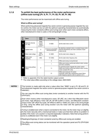 Basic settings Simple mode parameter list
FR-E700 EC 5 - 15
5.1.8 To exhibit the best performance of the motor performance
(offline auto tuning) (Pr. 9, Pr. 71, Pr. 83, Pr. 84, Pr. 96)
The motor performance can be maximized with offline auto tuning.
What is offline auto tuning?
When performing advanced magnetic flux vector control or general-purpose magnetic flux vec-
tor control, the motor can be run with the optimum operating characteristics by automatically
measuring the motor constants (offline auto tuning) even when each motor constants differs,
other manufacturer's motor is used, or the wiring length is long.
ቢ Refer to appendix A for the rated inverter output current.
ባ
The initial value differs according to the voltage class: 200V/400V
Pr.
No. Name
Initial
Value Setting Range Description
9 Electronic thermal
O/L relay
Rated
inverter
output
current ቢ
0–500A Set the rated motor current.
71 Applied motor 0 0/1/3–6/ 13–16/ 23/24/
40/43/44/50/53/54
By selecting a standard motor or constant-torque motor,
thermal characteristic and motor constants of each
motor are set.
83 Motor rated voltage
200V/
400V ባ 0–1000V Set the rated motor voltage (V).
84 Rated motor
frequency
50Hz 10–120Hz Set the rated motor frequency (Hz).
96 Auto tuning setting/
status
0
0 Offline auto tuning is not performed
1
Offline auto tuning is performed without motor running
(all motor constants)
11
For general-purpose magnetic flux vector control
Offline auto tuning is performed without motor running
(motor constant (R1) only)
21
Offline auto tuning for V/f control
(automatic restart after instantaneous power failure
(with frequency search)) (refer to section 6.12.1)
NOTES This function is made valid only when a value other than "9999" is set in Pr. 80 and Pr. 81
and advanced magnetic flux vector control or general-purpose magnetic flux vector control is
selected.)
You can copy the offline auto tuning data (motor constants) to another inverter with the PU
(FR-PU07).
Even when motors (other manufacturer's motor, SF-JRC, etc.) other than Mitsubishi stand-
ard motor, high efficiency motor (SF-JR, SF-HR 0.2kW or more), and Mitsubishi constant-
torque motor (SF-JRCA four-pole, SF-HRCA 0.4kW to 15kW) are used or the wiring length
is long, using the offline auto tuning function runs the motor with the optimum operating
characteristics.
Tuning is enabled even when a load is connected to the motor. As the motor may run slightly,
fix the motor securely with a mechanical brake or make sure that there will be no problem in
safety if the motor runs (caution is required especially in elevator). Note that tuning perform-
ance is unaffected even if the motor runs slightly.
Reading/writing/copy of motor constants tuned by offline auto tuning are enabled.
The offline auto tuning status can be monitored with the operation panel and PU (FR-PU04/
FR-PU07).
 