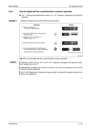 Basic settings PU operation mode
FR-E700 EC 5 - 23
5.2.2 Use the digital dial like a potentiometer to perform operation
● Set "1" (setting dial potentiometer mode) in Pr. 161 "Frequency setting/key lock operation
selection".
Ħ
Example Ĥ Change the frequency from 0Hz to 50Hz during operation.
I001768E
Fig. 5-13: Use the digital dial like a potentiometer to perform operation
NOTES If flickering "50.00" turns to "0.0", the Pr. 161 "Frequency setting/key lock operation selec-
tion" setting may not be "1".
Independently of whether the inverter is running or at a stop, the frequency can be set by
merely turning the digital dial.
Use Pr. 295 "Magnitude of frequency change setting" to change the frequency setting incre-
ments of the digital dial.
ቢ Screen at powering on
The monitor display appears.
ባ Press the PU/EXT key to choose the PU
operation mode.
ቤ Chage the PR. 161 setting to "1".
(Refer to page 4-15.)
ብ Press the RUN key to start the inverter.
ቦ Turn the digital dial until "50.00" appears.
The flickering frequency is the set frequency.
You don’t need to press the SET key.
Operation Display
PU indication is lit.
The frequency flickers for about 5s
 