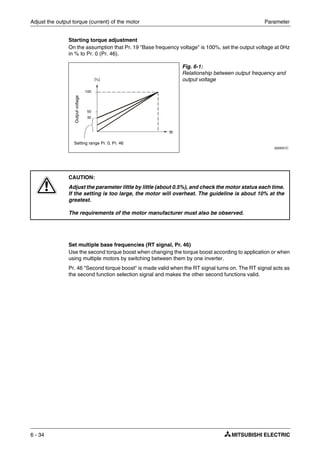 Adjust the output torque (current) of the motor Parameter
6 - 34
Starting torque adjustment
On the assumption that Pr. 19 "Base frequency voltage" is 100%, set the output voltage at 0Hz
in % to Pr. 0 (Pr. 46).
Set multiple base frequencies (RT signal, Pr. 46)
Use the second torque boost when changing the torque boost according to application or when
using multiple motors by switching between them by one inverter.
Pr. 46 "Second torque boost" is made valid when the RT signal turns on. The RT signal acts as
the second function selection signal and makes the other second functions valid.
Fig. 6-1:
Relationship between output frequency and
output voltage
I000001C
E
CAUTION:
Adjust the parameter little by little (about 0.5%), and check the motor status each time.
If the setting is too large, the motor will overheat. The guideline is about 10% at the
greatest.
The requirements of the motor manufacturer must also be observed.
100
50
30
[%]
fB
Setting range Pr. 0, Pr. 46
Outputvoltage
 