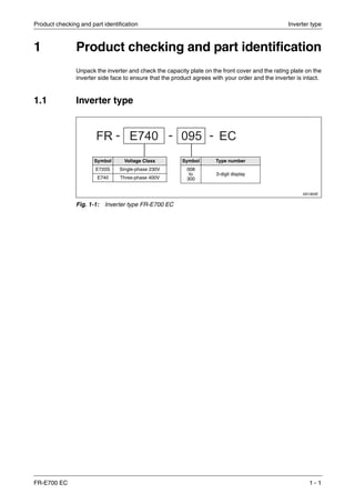 Product checking and part identification Inverter type
FR-E700 EC 1 - 1
1 Product checking and part identification
Unpack the inverter and check the capacity plate on the front cover and the rating plate on the
inverter side face to ensure that the product agrees with your order and the inverter is intact.
1.1 Inverter type
I001905E
Fig. 1-1: Inverter type FR-E700 EC
Symbol Voltage Class
E720S Single-phase 230V
E740 Three-phase 400V
Symbol Type number
008
to
300
3-digit display
 