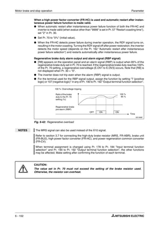 Motor brake and stop operation Parameter
6 - 102
When a high power factor converter (FR-HC) is used and automatic restart after instan-
taneous power failure function is made valid.
● When automatic restart after instantaneous power failure function of both the FR-HC and
inverter is made valid (when avalue other than "9999" is set in Pr. 57 "Restart coasting time"),
set "2" in Pr. 30.
● Set Pr. 70 to "0%" (initial value).
● When the FR-HC detects power failure during inverter operation, the RDY signal turns on,
resulting in the motor coasting. Turning the RDY signal off after power restoration, the inverter
detects the motor speed (depends on the Pr. 162 "Automatic restart after instantaneous
power failure selection") and restarts automatically after instantaneous power failure.
Regenerative brake duty alarm output and alarm signal (RBP signal)
● [RB] appears on the operation panel and an alarm signal (RBP) is output when 85% of the
regenerative brake duty set in Pr. 70 is reached. If the regenerative brake duty reaches 100%
of the Pr. 70 setting, a regenerative overvoltage (E.OV1 to E.OV3) occurs. Note that [RB] is
not displayed when Pr. 30 = "0".
● The inverter does not trip even when the alarm (RBP) signal is output.
● For the terminal used for the RBP signal output, assign the function by setting "7 (positive
logic) or 107 (negative logic)" in any of Pr. 190 to Pr. 192 "Output terminal function selection".
I001566E
Fig. 6-42: Regenerative overload
NOTES The MRS signal can also be used instead of the X10 signal.
Refer to section 3.7 for connecting the high-duty brake resistor (MRS, FR-ABR), brake unit
(FR-BU2), high power factor converter (FR-HC), and power regeneration common converter
(FR-CV).
When terminal assignment is changed using Pr. 178 to Pr. 184 "Input terminal function
selection" and Pr. 190 to Pr. 192 "Output terminal function selection", the other functions
may be affected. Make setting after confirming the function of each terminal.
E
CAUTION:
The value set in Pr. 70 must not exceed the setting of the brake resistor used.
Otherwise, the resistor can overheat.
Regenerative brake
pre-alarm (RBP)
Time
Ratio of the brake
duty to the Pr. 70
setting (%)
OFF ON ON
100 %
85 %
100 %: Overvoltage tripping
 