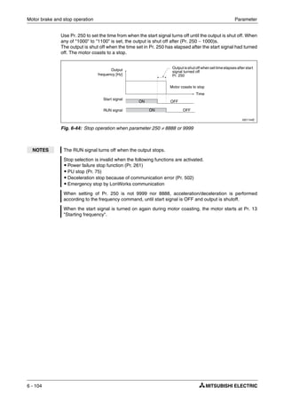 Motor brake and stop operation Parameter
6 - 104
Use Pr. 250 to set the time from when the start signal turns off until the output is shut off. When
any of "1000" to "1100" is set, the output is shut off after (Pr. 250 − 1000)s.
The output is shut off when the time set in Pr. 250 has elapsed after the start signal had turned
off. The motor coasts to a stop.
I001144E
Fig. 6-44: Stop operation when parameter 250 ≠ 8888 or 9999
NOTES The RUN signal turns off when the output stops.
Stop selection is invalid when the following functions are activated.
ț Power failure stop function (Pr. 261)
ț PU stop (Pr. 75)
ț Deceleration stop because of communication error (Pr. 502)
ț Emergency stop by LonWorks communication
When setting of Pr. 250 is not 9999 nor 8888, acceleration/deceleration is performed
according to the frequency command, until start signal is OFF and output is shutoff.
When the start signal is turned on again during motor coasting, the motor starts at Pr. 13
"Starting frequency".
Output
frequency [Hz]
Start signal
RUN signal
Motor coasts to stop
Output is shut off when set time elapses after start
signal turned off
Pr. 250
Time
ON
ON
OFF
OFF
 