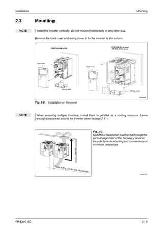 Installation Mounting
FR-E700 EC 2 - 5
2.3 Mounting
Remove the front cover and wiring cover to fix the inverter to the surface.
NOTE Install the inverter vertically. Do not mount it horizontally or any other way.
I002056E
Fig. 2-6: Installation on the panel
NOTE When encasing multiple inverters, install them in parallel as a cooling measure. Leave
enough clearances around the inverter (refer to page 2-11).
Fig. 2-7:
Good heat dissipation is achieved through the
vertical alignment of the frequency inverter,
theside-by-sidemountingandmaintenance of
minimum clearances.
I001911E
Front cover
Wiring cover
Front cover
Wiring cover
FR-E720S-008 to 030
FR-E720S-050 or more
FR-E740-016 or more
Refer to Fig. 2-9 for the clearances
Vertical
 