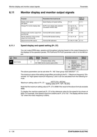 Monitor display and monitor output signals Parameter
6 - 136
6.11 Monitor display and monitor output signals
6.11.1 Speed display and speed setting (Pr. 37)
You can output RPM rates, speeds and throughput volumes based on the output frequency to
the displays of the operation panels, FR-PU04 and FR-PU07 parameter units or to the AM out-
put.
The above parameters can be set when Pr. 160 "User group read selection" = 0.
The maximum value of the setting range differs according to the Pr. 1 "Maximum frequency" (Pa-
rameter 18 "High speed maximum frequency") and it can be calculated from the following for-
mula:
Note that the maximum setting value of Pr. 37 is 9998 if the result of the above formula exceeds
9998.
To display the machine speed set Pr. 37 to the reference value for the speed to be shown at
60Hz. For example, if the speed is 55m/min at 60Hz set Pr. 37 to "55". The display will then show
"55" when the motor frequency is 60Hz.
Purpose Parameters that must be set
Refer to
Section
Display motor speed
Set speed
Speed display and speed setting Pr. 37 6.11.1
Change PU monitor display data DU/PU main display data selection
Cumulative monitor clear
Pr. 52, Pr. 54,
Pr. 170, Pr. 171,
Pr. 268, Pr. 563,
Pr. 564
6.11.2
Change of the monitor output from
terminal AM
Terminal AM function selection Pr. 158 6.11.3
Set the reference of the monitor
output from terminal AM
Terminal AM standard setting Pr. 55, Pr. 56 6.11.3
Adjust terminal AM outputs Terminal AM calibration Pr. 645, Pr. 900 6.11.4
Pr.
No. Name
Initial
Setting
Setting
Range Description Parameters referred to
Refer to
Section
37 Speed display 0
0 Frequency display, setting 1
52
800
Maximum
frequency
DU/PU main dis-
play data selection
Control method
selection
6.4.1
6.11.2
6.3.2
0.01–9998 Set the machine speed at 60Hz.
Maximum setting value of Pr. 37
16777.215 60 [Hz]×
Setting value of Pr. 1(Pr. 18) [Hz]
----------------------------------------------------------------------------------------<
 