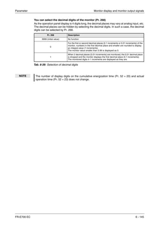 Parameter Monitor display and monitor output signals
FR-E700 EC 6 - 145
You can select the decimal digits of the monitor (Pr. 268)
As the operation panel display is 4 digits long, the decimal places may vary at analog input, etc.
The decimal places can be hidden by selecting the decimal digits. In such a case, the decimal
digits can be selected by Pr. 268.
Pr. 268 Description
9999 (initial value) No function
0
For the first or second decimal places (0.1 increments or 0.01 increments) of the
monitor, numbers in the first decimal place and smaller are rounded to display
an integral value (1 increments).
The monitor value smaller than 0.99 is displayed as 0.
1
When 2 decimal places (0.01 increments) are monitored, the 0.01 decimal place
is dropped and the monitor displays the first decimal place (0.1 increments).
The monitored digits in 1 increments are displayed as they are.
Tab. 6-39: Selection of decimal digits
NOTE The number of display digits on the cumulative energization time (Pr. 52 = 20) and actual
operation time (Pr. 52 = 23) does not change.
 