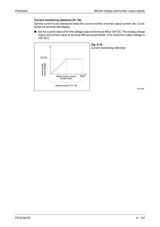 Parameter Monitor display and monitor output signals
FR-E700 EC 6 - 147
Current monitoring reference (Pr. 56)
Set the current to be referenced when the current monitor (inverter output current, etc.) is se-
lected for terminal AM display.
● Set the current value when the voltage output at terminal AM is 10V DC. The analog voltage
output and current value at terminal AM are proportional. (The maximum output voltage is
10V DC.)
Fig. 6-73:
Current monitoring reference
I001165E
10V DC
Setting range of Pr. 56
Rated output current
(initial value)
TerminalAM
outputvoltage
500A
 