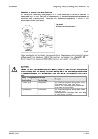Parameter Frequency setting by analog input (terminal 2, 4)
FR-E700 EC 6 - 175
Selection of analog input specifications
For the terminal 2 for analog voltage input, 0 to 5V (initial value) or 0 to 10V can be selected. Ei-
ther voltage input (0 to 5V, 0 to 10V) or current input (4 to 20mA initial value) can be selected for
terminal 4 used for analog input. Change the input specifications by setting Pr. 73 and Pr. 267
and voltage/current input switch.
Rated specifications of terminal 4 change according to thevoltage/current input switch setting:
Voltage input: Input resistance 10kΩ ± 1kΩ, maximum permissible input voltage 20V DC
Current input: Input resistance 233Ω ± 5Ω, maximum permissible current 30mA
Fig. 6-89:
Voltage/current input switch
I001934E
E
CAUTION:
Set Pr. 267 and a voltage/current input switch correctly, then input an analog signal
in accordance with the setting. Incorrect setting as in the table below could cause
component damage. Incorrect settings other than below can cause abnormal opera-
tion.
Current input
(initial setting)
Voltage input
Setting Causing Component Damage
Operation
Switch setting Terminal input
I (current input) Voltage input This could cause component damage to the analog
signal output circuit of signal output devices.
(electrical load in the analog signal output circuit of
signal output devices increases)
V (voltage input) Current input This could cause component damage of the inverter
signal input circuit.
(output power in the analog signal output circuit of sig-
nal output devices increases)
 