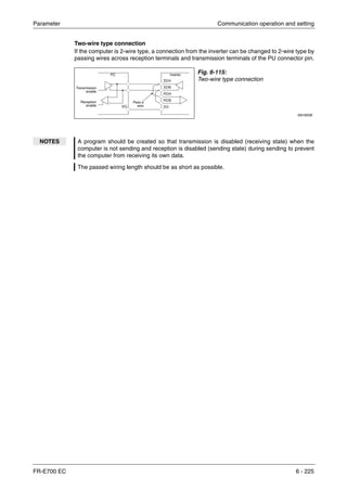 Parameter Communication operation and setting
FR-E700 EC 6 - 225
Two-wire type connection
If the computer is 2-wire type, a connection from the inverter can be changed to 2-wire type by
passing wires across reception terminals and transmission terminals of the PU connector pin.
Fig. 6-115:
Two-wire type connection
I001833E
NOTES A program should be created so that transmission is disabled (receiving state) when the
computer is not sending and reception is disabled (sending state) during sending to prevent
the computer from receiving its own data.
The passed wiring length should be as short as possible.
Transmission
enable
Reception
enable
Pass a
wire
PC Inverter
 