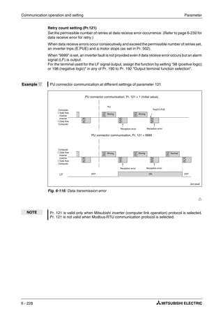 Communication operation and setting Parameter
6 - 228
Retry count setting (Pr.121)
Set the permissible number of retries at data receive error occurrence. (Refer to page 6-239 for
data receive error for retry.)
When data receive errors occur consecutively and exceed the permissible number of retries set,
an inverter trips (E.PUE) and a motor stops (as set in Pr. 502).
When "9999" is set, an inverter fault is not provided even if data receive error occurs but an alarm
signal (LF) is output.
For the terminal used for the LF signal output, assign the function by setting "98 (positive logic)
or 198 (negative logic)" in any of Pr. 190 to Pr. 192 "Output terminal function selection".
Ħ
Example Ĥ PU connector communication at different settings of parameter 121
I001354E
Fig. 6-116: Data transmission error
NOTE Pr. 121 is valid only when Mitsubishi inverter (computer link operation) protocol is selected.
Pr. 121 is not valid when Modbus-RTU communication protocol is selected.
Computer
⇓ Data flow
Inverter
Inverter
⇓ Data flow
Computer
Wrong
PU
Reception error
Fault E.PUE
Reception error
Wrong
PU connector communication, Pr. 121 = 1 (initial value)
PU connector communication, Pr. 121 = 9999
Reception error Reception error
Computer
⇓ Data flow
Inverter
Inverter
⇓ Data flow
Computer
OFF OFFON
Wrong Wrong Normal
 