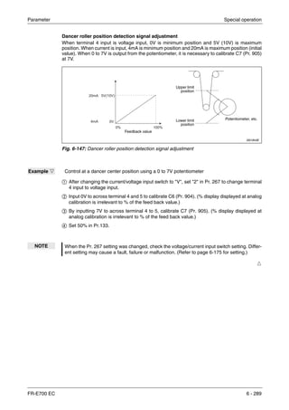Parameter Special operation
FR-E700 EC 6 - 289
Dancer roller position detection signal adjustment
When terminal 4 input is voltage input, 0V is minimum position and 5V (10V) is maximum
position. When current is input, 4mA is minimum position and 20mA is maximum position (initial
value). When 0 to 7V is output from the potentiometer, it is necessary to calibrate C7 (Pr. 905)
at 7V.
ቢ After changing the current/voltage input switch to "V", set "2" in Pr. 267 to change terminal
4 input to voltage input.
ባ Input 0V to across terminal 4 and 5 to calibrate C6 (Pr. 904). (% display displayed at analog
calibration is irrelevant to % of the feed back value.)
ቤ By inputting 7V to across terminal 4 to 5, calibrate C7 (Pr. 905). (% display displayed at
analog calibration is irrelevant to % of the feed back value.)
ብ Set 50% in Pr.133.
Ħ
I001843E
Fig. 6-147: Dancer roller position detection signal adjustment
Example Ĥ Control at a dancer center position using a 0 to 7V potentiometer
NOTE When the Pr. 267 setting was changed, check the voltage/current input switch setting. Differ-
ent setting may cause a fault, failure or malfunction. (Refer to page 6-175 for setting.)
Feedback value
Potentiometer, etc.Lower limit
position
Upper limit
position
 