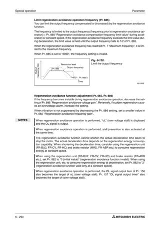 Special operation Parameter
6 - 294
Limit regeneration avoidance operation frequency (Pr. 885)
You can limit the output frequency compensated for (increased) by the regeneration avoidance
function.
The frequency is limited to the output frequency (frequency prior to regeneration avoidance op-
eration) + Pr. 885 "Regeneration avoidance compensation frequency limit value" during accel-
eration or constant speed. If the regeneration avoidance frequency exceeds the limit value dur-
ing deceleration, the limit value is held until the output frequency falls to 1/2 of Pr. 885.
When the regeneration avoidance frequency has reached Pr. 1 "Maximum frequency", it is lim-
ited to the maximum frequency.
When Pr. 885 is set to "9999", the frequency setting is invalid.
Regeneration avoidance function adjustment (Pr. 665, Pr. 886)
If the frequency becomes instable during regeneration avoidance operation, decrease the set-
ting of Pr. 886 "Regeneration avoidance voltage gain". Reversely, if sudden regeneration caus-
es an overvoltage alarm, increase the setting.
When vibration is not suppressed by decreasing the Pr. 886 setting, set a smaller value in
Pr. 665 "Regeneration avoidance frequency gain".
Fig. 6-150:
Limit the output frequency
I001260E
NOTES When regeneration avoidance operation is performed, "oL" (over voltage stall) is displayed
and the OL signal is output.
When regeneration avoidance operation is performed, stall prevention is also activated at
the same time.
The regeneration avoidance function cannot shorten the actual deceleration time taken to
stop the motor. The actual deceleration time depends on the regeneration energy consump-
tion capability. When shortening the deceleration time, consider using the regeneration unit
(FR-BU2, FR-CV, FR-HC) and brake resistor (MRS, FR-ABR etc.) to consume regeneration
energy at constant speed.
When using the regeneration unit (FR-BU2, FR-CV, FR-HC) and brake resistor (FR-ABR
etc.), set Pr. 882 to "0 (initial value)" (regeneration avoidance function invalid). When using
the regeneration unit, etc. to consume regeneration energy at deceleration, set Pr. 882 to "2"
(regeneration avoidance function valid only at a constant speed).
When regeneration avoidance operation is performed, the OL signal output item of Pr. 156
also becomes the target of oL (over voltage stall). Pr. 157 "OL signal output timer" also
becomes the target of (over voltage stall).
Output
frequency[Hz]
Output frequency
Time
Pr. 885/2
Restriction level
Pr. 885
 