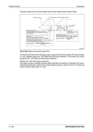 Useful functions Parameter
6 - 302
The pulse output of the current average value monitor signal (Y93) is shown below.
For the terminal used for the Y93 signal output, assign the function by setting "93" (positive logic)
or "193" (negative logic) to Pr. 190 "RUN terminal function selection". The function can not be
assigned to Pr. 192 "ABC terminal function selection".
Setting of Pr. 556 "Data output mask time"
The output current is unstable (transient state) right after the operation is changed from the ac-
celeration/deceleration state to the constant speed operation. Set the time for not obtaining
(mask) transient state data in Pr. 556.
I001265E
Fig. 6-155: Output of the pulse signal Y93
From acceleration to constant speed operationOutput frequency
Y93
Data output mask time
When the speed has changed to constant from
acceleration/deceleration, Y93 signal is not output
for Pr. 556 time.
Start pulse
Output as Hi pulse shape for 1s (fixed)
Time and output current set in Pr. 555 are averaged
Output current average value pulse
The averaged current value is output as low pulse shape for 0.5
to 9s (10 to 180%) during start bit output
. Signal output time
Output current average value [A]
Pr. 557 [A]
-------------------------------------------------------------------------------------- 5s×=
Maintenance timer pulse
The maintenance timer value (Pr.503) is output as Hi
output pulse shape for 2 to 9s (16000h to 72000h).
Signal output time
Pr. 503 1000h×
40000h
------------------------------------------ 5s×=
End pulse
output as low pulse shape
for 1 to 16.5s
1 cycle (20s) Next cycle
Time
 