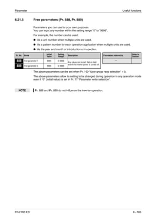 Parameter Useful functions
FR-E700 EC 6 - 305
6.21.5 Free parameters (Pr. 888, Pr. 889)
Parameters you can use for your own purposes.
You can input any number within the setting range "0" to "9999".
For example, the number can be used:
● As a unit number when multiple units are used.
● As a pattern number for each operation application when multiple units are used.
● As the year and month of introduction or inspection.
The above parameters can be set when Pr. 160 "User group read selection" = 0.
The above parameters allow its setting to be changed during operation in any operation mode
even if "0" (initial value) is set in Pr. 77 "Parameter write selection".
Pr. No. Name Initial
Value
Setting
Range
Description Parameters referred to Refer to
Section
888 Free parameter 1 9999 0–9999
Any values can be set. Data is held
evenif the inverter power is turned off.
—
889 Free parameter 2 9999 0–9999
NOTE Pr. 888 and Pr. 889 do not influence the inverter operation.
 