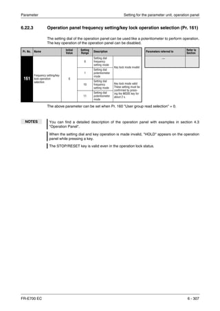 Parameter Setting for the parameter unit, operation panel
FR-E700 EC 6 - 307
6.22.3 Operation panel frequency setting/key lock operation selection (Pr. 161)
The setting dial of the operation panel can be used like a potentiometer to perform operation.
The key operation of the operation panel can be disabled.
The above parameter can be set when Pr. 160 "User group read selection" = 0.
Pr. No. Name Initial
Value
Setting
Range
Description Parameters referred to Refer to
Section
161
Frequency setting/key
lock operation
selection
0
0
Setting dial
frequency
setting mode
Key lock mode invalid
—
1
Setting dial
potentiometer
mode
10
Setting dial
frequency
setting mode
Key lock mode valid
These setting must be
confirmed by press-
ing the MODE key for
about 2 s.11
Setting dial
potentiometer
mode
NOTES You can find a detailed description of the operation panel with examples in section 4.3
"Operation Panel".
When the setting dial and key operation is made invalid, "HOLD" appears on the operation
panel while pressing a key.
The STOP/RESET key is valid even in the operation lock status.
 