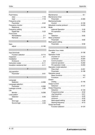 A - 22
Index Appendix
F
Fault history
clear . . . . . . . . . . . . . . . . . . . . . . . . . . . . . . 7-18
read . . . . . . . . . . . . . . . . . . . . . . . . . . . . . . 7-18
Frequency jump
Parameter . . . . . . . . . . . . . . . . . . . . . . . . . 6-52
Frequency monitor
Reference . . . . . . . . . . . . . . . . . . . . . . . . 6-146
Frequency setting
Digital dial . . . . . . . . . . . . . . . . . . . . . . . . . 5-23
Front cover
Reinstallation . . . . . . . . . . . . . . . . . . . . . . . . 2-1
Removal . . . . . . . . . . . . . . . . . . . . . . . . . . . . 2-1
G
Gain
adjust . . . . . . . . . . . . . . . . . . . . . . . . . . . . 6-180
I
Input terminals
Function selection . . . . . . . . . . . . . . . . . . 6-114
Inspection . . . . . . . . . . . . . . . . . . . . . . . . . . . . . . 8-1
Installation
Enclosure . . . . . . . . . . . . . . . . . . . . . . . . . . . 2-6
Instruction codes . . . . . . . . . . . . . . . . . . . . . . .A-11
Insulation resistance test . . . . . . . . . . . . . . . . . 8-11
J
Jog operation
Parameter . . . . . . . . . . . . . . . . . . . . . . . . . 6-61
L
Language
Selection . . . . . . . . . . . . . . . . . . . . . . . . . 6-306
Language selection
Parameter . . . . . . . . . . . . . . . . . . . . . . . . 6-306
Leakage currents . . . . . . . . . . . . . . . . . . . . . . . 3-38
Life
Monitor . . . . . . . . . . . . . . . . . . . . . . . . . . . 6-296
Load pattern
Selection . . . . . . . . . . . . . . . . . . . . . . . . . . 6-56
Logic
Sink logic . . . . . . . . . . . . . . . . . . . . . . . . . . 3-20
Source logic . . . . . . . . . . . . . . . . . . . . . . . . 3-20
M
Maintenance . . . . . . . . . . . . . . . . . . . . . . . . . . . 8-1
Maintenance timer
Parameter . . . . . . . . . . . . . . . . . . . . . . . . 6-300
Mechanical brake
Control . . . . . . . . . . . . . . . . . . . . . . . . . . 6-109
Mitsubishi inverter protocol . . . . . . . . . . . . . . 6-233
Mode
external Operation . . . . . . . . . . . . . . . . . . 5-30
PU operation . . . . . . . . . . . . . . . . . . . . . . . 5-20
Motor
Selection . . . . . . . . . . . . . . . . . . . . . . . . . . 6-85
Motor protection
Parameter . . . . . . . . . . . . . . . . . . . . . . . . . 6-80
Multi-speed setting
Parameter . . . . . . . . . . . . . . . . . . . . . . . . . 6-58
O
Operation hour meter
clear . . . . . . . . . . . . . . . . . . . . . . . . . . . . 6-138
Operation mode
at power on . . . . . . . . . . . . . . . . . . . . . . . 6-210
combined . . . . . . . . . . . . . . . . . . . . . . . . 6-204
Communication . . . . . . . . . . . . . . . . . . . . 6-215
external operation . . . . . . . . . . . . . . . . . . 6-202
PU operation mode . . . . . . . . . . . . . . . . . 6-203
Operation mode selection
Flow chart . . . . . . . . . . . . . . . . . . . . . . . . 6-201
Parameter . . . . . . . . . . . . . . . . . . . . . . . . 6-198
Operation panel
Basic functions . . . . . . . . . . . . . . . . . . . . . . 4-9
Functions . . . . . . . . . . . . . . . . . . . . . . . . . . 4-7
Output
analog . . . . . . . . . . . . . . . . . . . . . . . . . . . 6-146
Output current
Detection . . . . . . . . . . . . . . . . . . . . . . . . 6-131
Output frequency
Detection . . . . . . . . . . . . . . . . . . . . . . . . 6-129
Frequency jumps . . . . . . . . . . . . . . . . . . . 6-52
Jog frequency . . . . . . . . . . . . . . . . . . . . . . 6-61
maximum . . . . . . . . . . . . . . . . . . . . . . . . . 6-50
minimum . . . . . . . . . . . . . . . . . . . . . . . . . . 6-50
Multi-speed setting . . . . . . . . . . . . . . . . . . 6-58
Starting frequency . . . . . . . . . . . . . . . . . . 6-73
Output terminals
Function selection . . . . . . . . . . . . . . . . . . 6-124
 