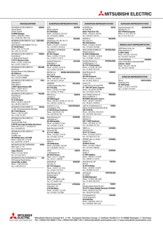 HEADQUARTERS
EUROPEMITSUBISHI ELECTRIC EUROPE B.V.
German Branch
GothaerStraße 8
D-40880 Ratingen
Phone: +49 (0)2102 / 486-0
Fax: +49 (0)2102 / 486-1120
CZECH REP.MITSUBISHIELECTRICEUROPEB.V.-org.sl.
Czech Branch
Avenir Business Park, Radlická 714/113a
CZ-158 00 Praha 5
Phone: +420 - 251 551 470
Fax: +420 - 251-551-471
FRANCEMITSUBISHI ELECTRIC EUROPE B.V.
French Branch
25, Boulevard des Bouvets
F-92741 NanterreCedex
Phone: +33 (0)1 / 55 68 55 68
Fax: +33 (0)1 / 55 68 57 57
IRELANDMITSUBISHI ELECTRIC EUROPE B.V.
Irish Branch
Westgate Business Park, Ballymount
IRL-Dublin 24
Phone: +353 (0)1 4198800
Fax: +353 (0)1 4198890
ITALYMITSUBISHI ELECTRIC EUROPE B.V.
Italian Branch
Viale Colleoni 7
I-20041Agrate Brianza (MB)
Phone: +39 039 / 60 53 1
Fax: +39 039 / 60 53 312
POLANDMITSUBISHI ELECTRIC EUROPE B.V.
Poland Branch
Krakowska 50
PL-32-083 Balice
Phone: +48 (0)12 / 630 47 00
Fax: +48 (0)12 / 630 47 01
RUSSIAMITSUBISHI ELECTRIC EUROPE B.V.
52, bld. 3 Kosmodamianskaya nab 8 floor
RU-115054 Мoscow
Phone: +7 495 721-2070
Fax: +7 495 721-2071
SPAINMITSUBISHI ELECTRIC EUROPE B.V.
Spanish Branch
Carretera de Rubí 76-80
E-08190 Sant Cugat del Vallés (Barcelona)
Phone: 902 131121 // +34 935653131
Fax: +34 935891579
UKMITSUBISHI ELECTRIC EUROPE B.V.
UK Branch
Travellers Lane
UK-Hatfield, Herts. AL10 8XB
Phone: +44 (0)1707 / 27 61 00
Fax: +44 (0)1707 / 27 86 95
JAPANMITSUBISHI ELECTRIC CORPORATION
Office Tower “Z” 14 F
8-12,1 chome, Harumi Chuo-Ku
Tokyo 104-6212
Phone: +81 3 622 160 60
Fax: +81 3 622 160 75
USAMITSUBISHI ELECTRIC AUTOMATION, Inc.
500 Corporate Woods Parkway
Vernon Hills, IL 60061
Phone: +1 847 478 21 00
Fax: +1 847 478 22 53
EUROPEAN REPRESENTATIVES
AUSTRIAGEVA
Wiener Straße 89
AT-2500 Baden
Phone: +43 (0)2252 / 85 55 20
Fax: +43 (0)2252 / 488 60
BELARUSTEHNIKON
Oktyabrskaya 16/5, Off. 703-711
BY-220030 Minsk
Phone: +375 (0)17 / 210 46 26
Fax: +375 (0)17 / 210 46 26
BELGIUMESCO DRIVES & AUTOMATION
Culliganlaan 3
BE-1831 Diegem
Phone: +32 (0)2 / 717 64 30
Fax: +32 (0)2 / 717 64 31
BELGIUMKoning & Hartman b.v.
Woluwelaan 31
BE-1800 Vilvoorde
Phone: +32 (0)2 / 257 02 40
Fax: +32 (0)2 / 257 02 49
BOSNIA AND HERZEGOVINAINEA BH d.o.o.
Aleja Lipa 56
BA-71000 Sarajevo
Phone: +387 (0)33 / 921 164
Fax: +387 (0)33 / 524 539
BULGARIAAKHNATON
4 Andrej Ljapchev Blvd. Pb 21
BG-1756 Sofia
Phone: +359 (0)2 / 817 6044
Fax: +359 (0)2 / 97 44 06 1
CROATIAINEA CR d.o.o.
Losinjska 4 a
HR-10000 Zagreb
Phone: +385 (0)1 / 36 940 - 01/ -02/ -03
Fax: +385 (0)1 / 36 940 - 03
CZECH REPUBLICAutoCont C.S. s.r.o.
Technologická 374/6
CZ-708 00 Ostrava-Pustkovec
Phone: +420 595 691 150
Fax: +420 595 691 199
DENMARKBeijer Electronics A/S
Lykkegårdsvej 17
DK-4000 Roskilde
Phone: +45 (0)46/ 75 76 66
Fax: +45 (0)46 / 75 56 26
ESTONIABeijer Electronics Eesti OÜ
Pärnu mnt.160i
EE-11317 Tallinn
Phone: +372 (0)6 / 51 81 40
Fax: +372 (0)6 / 51 81 49
FINLANDBeijer Electronics OY
Peltoie 37
FIN-28400 Ulvila
Phone: +358 (0)207 / 463 540
Fax: +358 (0)207 / 463 541
GREECEUTECO
5, Mavrogenous Str.
GR-18542 Piraeus
Phone: +30 211 / 1206 900
Fax: +30 211 / 1206 999
HUNGARYMELTRADE Kft.
Fertő utca 14.
HU-1107 Budapest
Phone: +36 (0)1 / 431-9726
Fax: +36 (0)1 / 431-9727
LATVIABeijer Electronics SIA
Ritausmas iela 23
LV-1058 Riga
Phone: +371 (0)784 / 2280
Fax: +371 (0)784 / 2281
LITHUANIABeijer Electronics UAB
Savanoriu Pr. 187
LT-02300 Vilnius
Phone: +370 (0)5 / 232 3101
Fax: +370 (0)5 / 232 2980
EUROPEAN REPRESENTATIVES
MALTAALFATRADE Ltd.
99, Paola Hill
Malta- Paola PLA 1702
Phone: +356 (0)21 / 697 816
Fax: +356 (0)21 / 697 817
MOLDOVAINTEHSIS srl
bld. Traian 23/1
MD-2060 Kishinev
Phone: +373 (0)22 / 66 4242
Fax: +373 (0)22 / 66 4280
NETHERLANDSHIFLEX AUTOM.TECHNIEK B.V.
Wolweverstraat 22
NL-2984 CD Ridderkerk
Phone: +31 (0)180 – 46 60 04
Fax: +31 (0)180 – 44 23 55
NETHERLANDSKoning & Hartman b.v.
Haarlerbergweg 21-23
NL-1101 CH Amsterdam
Phone: +31 (0)20 / 587 76 00
Fax: +31 (0)20 / 587 76 05
NORWAYBeijer Electronics AS
Postboks 487
NO-3002 Drammen
Phone: +47 (0)32 / 24 30 00
Fax: +47 (0)32 / 84 85 77
PORTUGALFonseca S.A.
R. João Francisco do Casal 87/89
PT - 3801-997 Aveiro, Esgueira
Phone: +351 (0)234 / 303 900
Fax: +351 (0)234 / 303 910
ROMANIASirius Trading & Services srl
Aleea Lacul Morii Nr. 3
RO-060841 Bucuresti, Sector 6
Phone: +40 (0)21 / 430 40 06
Fax: +40 (0)21 / 430 40 02
SERBIACraft Con. & Engineering d.o.o.
Bulevar Svetog Cara Konstantina 80-86
SER-18106 Nis
Phone: +381 (0)18 / 292-24-4/5
Fax: +381 (0)18 / 292-24-4/5
SERBIAINEA SR d.o.o.
Izletnicka 10
SER-113000 Smederevo
Phone: +381 (0)26 / 617 163
Fax: +381 (0)26 / 617 163
SLOVAKIASIMAP s.r.o.
Jána Derku 1671
SK-911 01 Trencín
Phone: +421 (0)32 743 04 72
Fax: +421 (0)32 743 75 20
SLOVAKIAPROCONT, spol. s r.o. Prešov
Kúpelná 1/A
SK-080 01 Prešov
Phone: +421 (0)51 7580 611
Fax: +421 (0)51 7580 650
SLOVENIAINEA d.o.o.
Stegne 11
SI-1000 Ljubljana
Phone: +386 (0)1 / 513 8100
Fax: +386 (0)1 / 513 8170
SWEDENBeijer Electronics AB
Box 426
SE-20124 Malmö
Phone: +46 (0)40 / 35 86 00
Fax: +46 (0)40 / 93 23 01
SWITZERLANDOmni Ray AG
Im Schörli 5
CH-8600 Dübendorf
Phone: +41 (0)44 / 802 28 80
Fax: +41 (0)44 / 802 28 28
TURKEYGTS
Bayraktar Bulvari Nutuk Sok. No:5
TR-34775 Yukarı Dudullu-Ümraniye-İSTANBUL
Phone: +90 (0)216 526 39 90
Fax: +90 (0)216 526 3995
UKRAINECSC Automation Ltd.
4-B, M. Raskovoyi St.
UA-02660 Kiev
Phone: +380 (0)44 / 494 33 55
Fax: +380 (0)44 / 494-33-66
EURASIAN REPRESENTATIVES
KAZAKHSTANKazpromautomatics Ltd.
Mustafina Str. 7/2
KAZ-470046 Karaganda
Phone: +7 7212 / 50 11 50
Fax: +7 7212 / 50 11 50
MIDDLE EAST REPRESENTATIVE
ISRAELSHERF Motion Techn. Ltd.
Rehov Hamerkava 19
IL-58851 Holon
Phone: +972 (0)3 / 559 54 62
Fax: +972 (0)3 / 556 01 82
LEBANONCEG INTERNATIONAL
Cebaco Center/Block A Autostrade DORA
Lebanon - Beirut
Phone: +961 (0)1 / 240 430
Fax: +961 (0)1 / 240 438
AFRICAN REPRESENTATIVE
SOUTH AFRICACBI Ltd.
Private Bag 2016
ZA-1600 Isando
Phone: + 27 (0)11 / 977 0770
Fax: + 27 (0)11 / 977 0761
Mitsubishi Electric Europe B.V. /// FA - European Business Group /// Gothaer Straße 8 /// D-40880 Ratingen /// Germany
Tel.: +49(0)2102-4860/// Fax: +49(0)2102-4861120/// info@mitsubishi-automation.com /// www.mitsubishi-automation.com
MITSUBISHI ELECTRIC
 