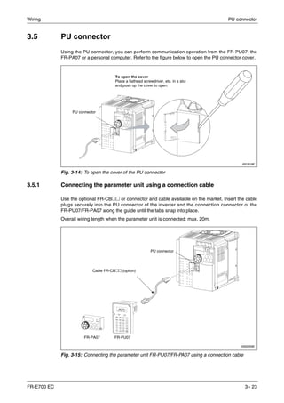Wiring PU connector
FR-E700 EC 3 - 23
3.5 PU connector
Using the PU connector, you can perform communication operation from the FR-PU07, the
FR-PA07 or a personal computer. Refer to the figure below to open the PU connector cover.
3.5.1 Connecting the parameter unit using a connection cable
Use the optional FR-CB२२ or connector and cable available on the market. Insert the cable
plugs securely into the PU connector of the inverter and the connection connector of the
FR-PU07/FR-PA07 along the guide until the tabs snap into place.
Overall wiring length when the parameter unit is connected: max. 20m.
I001919E
Fig. 3-14: To open the cover of the PU connector
II002059E
Fig. 3-15: Connecting the parameter unit FR-PU07/FR-PA07 using a connection cable
PU connector
To open the cover
Place a flathead screwdriver, etc. in a slot
and push up the cover to open.
FR-PU07
Cable FR-CB२२ (option)
PU connector
FR-PA07
 