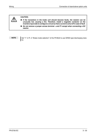 Wiring Connection of stand-alone option units
FR-E700 EC 3 - 33
E
CAUTION:
● If the transistors in the brake unit should become faulty, the resistor can be
unusually hot, causing a fire. Therefore, install a magnetic contactor on the
inverters input side to configure a circuit so that a current is shut off in case of fault.
● Do not remove a jumper across terminal + and P1 except when connecting a DC
reactor.
NOTE Set "1" in Pr. 0 "Brake mode selection" of the FR-BU2 to use GRZG type discharging resis-
tor.
 