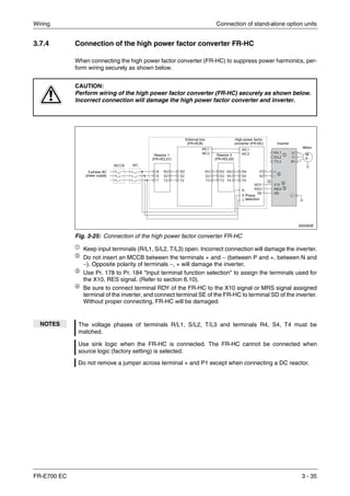 Wiring Connection of stand-alone option units
FR-E700 EC 3 - 35
3.7.4 Connection of the high power factor converter FR-HC
When connecting the high power factor converter (FR-HC) to suppress power harmonics, per-
form wiring securely as shown below.
ቢ
Keep input terminals (R/L1, S/L2, T/L3) open. Incorrect connection will damage the inverter.
ባ
Do not insert an MCCB between the terminals + and − (between P and +, between N and
−). Opposite polarity of terminals −, + will damage the inverter.
ቤ
Use Pr. 178 to Pr. 184 "Input terminal function selection" to assign the terminals used for
the X10, RES signal. (Refer to section 6.10).
ብ Be sure to connect terminal RDY of the FR-HC to the X10 signal or MRS signal assigned
terminal of the inverter, and connect terminal SE of the FR-HC to terminal SD of the inverter.
Without proper connecting, FR-HC will be damaged.
E
CAUTION:
Perform wiring of the high power factor converter (FR-HC) securely as shown below.
Incorrect connection will damage the high power factor converter and inverter.
I002060E
Fig. 3-25: Connection of the high power factor converter FR-HC
NOTES The voltage phases of terminals R/L1, S/L2, T/L3 and terminals R4, S4, T4 must be
matched.
Use sink logic when the FR-HC is connected. The FR-HC cannot be connected when
source logic (factory setting) is selected.
Do not remove a jumper across terminal + and P1 except when connecting a DC reactor.
3-phase AC
power supply
Inverter
High power factor
converter (FR-HC)
Reactor 1
(FR-HCL01)
External box
(FR-HCB)
Motor
M
3~
Phase
detection
Reactor 2
(FR-HCL02)
ቢ
ባ
ቤ
ቤ
ብ
 