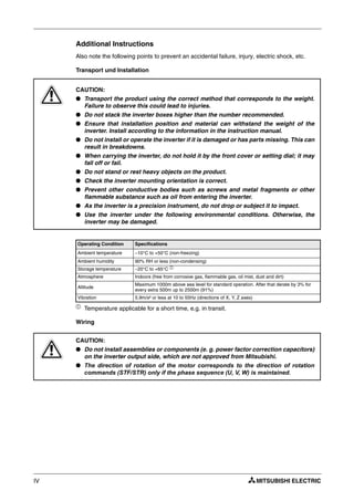 IV
Additional Instructions
Also note the following points to prevent an accidental failure, injury, electric shock, etc.
Transport und Installation
ቢ
Temperature applicable for a short time, e.g. in transit.
Wiring
E
CAUTION:
● Transport the product using the correct method that corresponds to the weight.
Failure to observe this could lead to injuries.
● Do not stack the inverter boxes higher than the number recommended.
● Ensure that installation position and material can withstand the weight of the
inverter. Install according to the information in the instruction manual.
● Do not install or operate the inverter if it is damaged or has parts missing. This can
result in breakdowns.
● When carrying the inverter, do not hold it by the front cover or setting dial; it may
fall off or fail.
● Do not stand or rest heavy objects on the product.
● Check the inverter mounting orientation is correct.
● Prevent other conductive bodies such as screws and metal fragments or other
flammable substance such as oil from entering the inverter.
● As the inverter is a precision instrument, do not drop or subject it to impact.
● Use the inverter under the following environmental conditions. Otherwise, the
inverter may be damaged.
Operating Condition Specifications
Ambient temperature −10°C to +50°C (non-freezing)
Ambient humidity 90% RH or less (non-condensing)
Storage temperature −20°C to +65°C ቢ
Atmosphere Indoors (free from corrosive gas, flammable gas, oil mist, dust and dirt)
Altitude
Maximum 1000m above sea level for standard operation. After that derate by 3% for
every extra 500m up to 2500m (91%)
Vibration 5.9m/s² or less at 10 to 55Hz (directions of X, Y, Z axes)
E
CAUTION:
● Do not install assemblies or components (e. g. power factor correction capacitors)
on the inverter output side, which are not approved from Mitsubishi.
● The direction of rotation of the motor corresponds to the direction of rotation
commands (STF/STR) only if the phase sequence (U, V, W) is maintained.
 