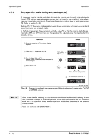 Operation panel Operation
4 - 10
4.3.3 Easy operation mode setting (easy setting mode)
A frequency inverter can be controlled alone via the control unit, through external signals
(switch, SPC outputs, external setpoint sources, etc.) or through a combination of external sig-
nals and inputs to the control unit. The choice of operation mode is done by setting parameter
79. (Refer to section 5.1.6.)
Setting of Pr. 79 "Operation mode selection" according to combination of the start command and
speed command can be easily made.
In the following example the parameter is set to the value "3" so that the motor is started by sig-
nals to the STF and STR terminals and the speed can be adjusted using the digital dial on the
operator device.
I001737E, I001738E
Fig. 4-8: One can immediately change parameter 79 by simultaneously pressing the PU/EXT
and MODE buttons.
NOTES Press MODE before pressing SET to return to the monitor display without setting. In this
case, the mode changes to external operation mode when performed in the PU operation
mode (PU JOG operation mode) and PU operation mode when performed in the external
operation mode.
Reset can be made with STOP/RESET.
ቢ Screen at powering on The monitor display
appears.
ባ Press PU/EXT und MODE for 0.5s.
ቤ Turn the digital dial, until "3"
apears. (Refer to the table on the next page for
other settings.)
ብ Press SET to set.
Operation Display
Flickering
Flickering
Flickering
Flicker ... Parameter setting complete!
The monitor display appears after 3 s.
 