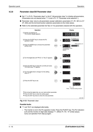 Operation panel Operation
4 - 16
4.3.9 Parameter clear/All Parameter clear
● Set "1" in Pr.CL "Parameter clear" or ALLC "all parameter clear" to initialize all parameters.
(Parameters are not cleared when "1" is set in Pr. 77 "Parameter write selection".)
● Parameter clear returns all parameters except calibration parameters C1 (Pr. 901) to C7
(Pr. 905) and the terminal function selection parameters to the initial values.
● Refer to the extended parameter list Tab. 6-1 for parameters cleared with this operation.
Possible faults:
● "1" and "Er4" are displayed alternately.
– The inverter is not in the PU operation mode. Press the PU/EXT key. The PU indication
is lit and the monitor (4 digit LED) displays "1". (When Pr. 79 = "0" (initial value)).
Carry out operation from step ቧ again.
I001742E
Fig. 4-13: Parameter clear
ቢ Screen at powering on
The monitor display appears.
ባ Press the PU/EXT key to choose the PU
operation mode.
ቤ Press the MODE key to choose the parameter
setting mode.
ብ Turn the digital dial until "PR.CL" or "ALLC" appears
ቦ Press the SET key to show the currently set value.
The initial value "0" appears.
ቧ Turn the digital dial to change it to the setting
value of "1".
ቨ Press the SET key to set.
Operation Display
The parameter number
read previously
appears.
Flicker ... Parameter setting complete!
PU indication is lit.
ț By turning the digital dial, you can read another parameter.
ț Press the SET key to show the setting again.
ț Press the SET key twice to show the next parameter.
PRM indication is lit.
 