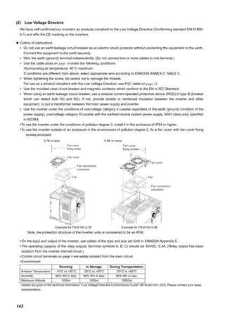 142
(2) Low Voltage Directive
We have self-confirmed our inverters as products compliant to the Low Voltage Directive (Conforming standard EN 61800-
5-1) and affix the CE marking on the inverters.
Outline of instructions
∗ Do not use an earth leakage circuit breaker as an electric shock protector without connecting the equipment to the earth.
Connect the equipment to the earth securely.
∗ Wire the earth (ground) terminal independently. (Do not connect two or more cables to one terminal.)
∗ Use the cable sizes on page 14 under the following conditions.
Surrounding air temperature: 40°C maximum
If conditions are different from above, select appropriate wire according to EN60204 ANNEX C TABLE 5.
∗ When tightening the screw, be careful not to damage the threads.
For use as a product compliant with the Low Voltage Directive, use PVC cable on page 14.
∗ Use the moulded case circuit breaker and magnetic contactor which conform to the EN or IEC Standard.
∗ When using an earth leakage circuit breaker, use a residual current operated protective device (RCD) of type B (breaker
which can detect both AC and DC). If not, provide double or reinforced insulation between the inverter and other
equipment, or put a transformer between the main power supply and inverter.
∗ Use the inverter under the conditions of overvoltage category II (usable regardless of the earth (ground) condition of the
power supply), overvoltage category III (usable with the earthed-neutral system power supply, 400V class only) specified
in IEC664.
To use the inverter under the conditions of pollution degree 3, install it in the enclosure of IP54 or higher.
To use the inverter outside of an enclosure in the environment of pollution degree 2, fix a fan cover with fan cover fixing
screws enclosed.
Note, the protection structure of the Inverter units is considered to be an IP00.
∗On the input and output of the inverter, use cables of the type and size set forth in EN60204 Appendix C.
∗The operating capacity of the relay outputs (terminal symbols A, B, C) should be 30VDC, 0.3A. (Relay output has basic
isolation from the inverter internal circuit.)
∗Control circuit terminals on page 9 are safely isolated from the main circuit.
∗Environment
3.7K or less 5.5K or more
Example for FR-E740-3.7K Example for FR-E740-5.5K
Running In Storage During Transportation
Ambient Temperature -10°C to +50°C -20°C to +65°C -20°C to +65°C
Humidity 90% RH or less 90% RH or less 90% RH or less
Maximum Altitude 1000m 1000m 10000m
Details are given in the technical information "Low Voltage Directive Conformance Guide" (BCN-A21041-203). Please contact your sales
representative.
Fan connection
connector
Fan
Fan cover
Fan cover
fixing screw
Fan
Fan cover
Fan cover
fixing screws
Fan connection
connector
 