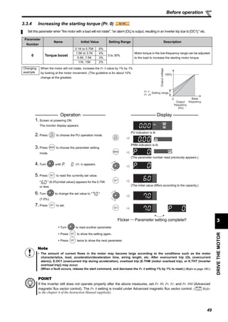 49
DRIVETHEMOTOR
3
Before operation
3.3.4 Increasing the starting torque (Pr. 0)
Set this parameter when "the motor with a load will not rotate", "an alarm [OL] is output, resulting in an inverter trip due to [OC1]," etc.
Parameter
Number
Name Initial Value Setting Range Description
0 Torque boost
0.1K to 0.75K 6%
0 to 30%
Motor torque in the low-frequency range can be adjusted
to the load to increase the starting motor torque.
1.5K to 3.7K 4%
5.5K, 7.5K 3%
11K, 15K 2%
Changing
example
When the motor will not rotate, increase the Pr. 0 value by 1% by 1%
by looking at the motor movement. (The guideline is for about 10%
change at the greatest.
Operation Display
1. Screen at powering ON
The monitor display appears.
2. Press to choose the PU operation mode.
PU indication is lit.
3. Press to choose the parameter setting
mode.
PRM indication is lit.
(The parameter number read previously appears.)
4. Turn until (Pr. 0) appears.
5. Press to read the currently set value.
" " (6.0%(initial value)) appears for the 0.75K
or less. (The initial value differs according to the capacity.)
6. Turn to change the set value to " "
(7.0%).
7. Press to set.
Flicker ··· Parameter setting complete!!
Turn to read another parameter.
Press to show the setting again.
Press twice to show the next parameter.
Note
The amount of current flows in the motor may become large according to the conditions such as the motor
characteristics, load, acceleration/deceleration time, wiring length, etc. After overcurrent trip (OL (overcurrent
alarm)), E.OC1 (overcurrent trip during acceleration), overload trip (E.THM (motor overload trip), or E.THT (inverter
overload trip)) may occur.
(When a fault occurs, release the start command, and decrease the Pr. 0 setting 1% by 1% to reset.) (Refer to page 101.)
POINT
If the inverter still does not operate properly after the above measures, set Pr. 80, Pr. 81, and Pr. 800 (Advanced
magnetic flux vector control). The Pr. 0 setting is invalid under Advanced magnetic flux vector control. ( Refer
to the chapter 4 of the Instruction Manual (applied)).
V/FV/FV/F
Outputvoltage
Pr. 0
Pr. 46
Setting range
Output
frequency
(Hz)
Base
frequency
0
100%
 