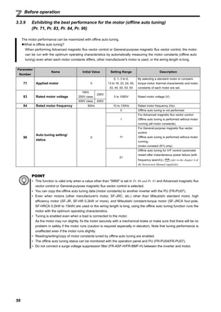 56
Before operation
3.3.9 Exhibiting the best performance for the motor (offline auto tuning)
(Pr. 71, Pr. 83, Pr. 84, Pr. 96)
The motor performance can be maximized with offline auto tuning.
What is offline auto tuning?
When performing Advanced magnetic flux vector control or General-purpose magnetic flux vector control, the motor
can be run with the optimum operating characteristics by automatically measuring the motor constants (offline auto
tuning) even when each motor constants differs, other manufacturer's motor is used, or the wiring length is long.
Parameter
Number
Name Initial Value Setting Range Description
71 Applied motor 0
0, 1, 3 to 6,
13 to 16, 23, 24, 40,
43, 44, 50, 53, 54
By selecting a standard motor or constant-
torque motor, thermal characteristic and motor
constants of each motor are set.
83 Rated motor voltage
100V,
200V class
200V
0 to 1000V Rated motor voltage (V).
400V class 400V
84 Rated motor frequency 60Hz 10 to 120Hz Rated motor frequency (Hz).
96
Auto tuning setting/
status
0
0 Offline auto tuning is not performed
1
For Advanced magnetic flux vector control
Offline auto tuning is performed without motor
running (all motor constants).
11
For General-purpose magnetic flux vector
control
Offline auto tuning is performed without motor
running.
(motor constant (R1) only)
21
Offline auto tuning for V/F control (automatic
restart after instantaneous power failure (with
frequency search)) ( refer to the chapter 4 of
the Instruction Manual (applied))
POINT
This function is valid only when a value other than "9999" is set in Pr. 80 and Pr. 81 and Advanced magnetic flux
vector control or General-purpose magnetic flux vector control is selected.
You can copy the offline auto tuning data (motor constants) to another inverter with the PU (FR-PU07).
Even when motors (other manufacturer's motor, SF-JRC, etc.) other than Mitsubishi standard motor, high
efficiency motor (SF-JR, SF-HR 0.2kW or more), and Mitsubishi constant-torque motor (SF-JRCA four-pole,
SF-HRCA 0.2kW to 15kW) are used or the wiring length is long, using the offline auto tuning function runs the
motor with the optimum operating characteristics.
Tuning is enabled even when a load is connected to the motor.
As the motor may run slightly, fix the motor securely with a mechanical brake or make sure that there will be no
problem in safety if the motor runs (caution is required especially in elevator). Note that tuning performance is
unaffected even if the motor runs slightly.
Reading/writing/copy of motor constants tuned by offline auto tuning are enabled.
The offline auto tuning status can be monitored with the operation panel and PU (FR-PU04/FR-PU07).
Do not connect a surge voltage suppression filter (FR-ASF-H/FR-BMF-H) between the inverter and motor.
 