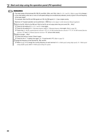 64
Start and stop using the operation panel (PU operation)
REMARKS
The initial values of the terminals RH, RM, RL are 60Hz, 30Hz, and 10Hz. (Use Pr. 4, Pr. 5 and Pr. 6 (Refer to page 69) to change.)
In the initial setting, when two or more of multi-speed settings are simultaneously selected, priority is given to the set frequency
of the lower signal.
For example, when the RH and RM signals turn ON, the RM signal (Pr. 5 ) has a higher priority.
Maximum of 15-speed operation can be performed. ( Refer to the chapter 4 of the Instruction Manual (applied).)
60Hz for the RH, 30Hz for the RM and 10Hz for the RL are not output when they are turned ON ... Why?
Check for the setting of Pr. 4, Pr. 5, and Pr. 6 once again.
Check for the setting of Pr. 1 Maximum frequency and Pr. 2 Minimum frequency once again. (Refer to page 50)
Check that Pr. 180 RL terminal function selection = "0", Pr. 181 RM terminal function selection = "1", Pr. 182 RH terminal function
selection = "2" and Pr. 59 Remote function selection = "0". (all are initial values)
[RUN] is not light ... Why?
Check that wiring is correct. Check it again.
Check for the Pr. 79 setting once again. (Pr. 79 must be set to "4"). (Refer to page 52)
Change the frequency of the terminal RL, RM, and RH.
Refer to page 69 to change the running frequency at each terminal in Pr. 4 Multi-speed setting (high speed), Pr. 5 Multi-speed
setting (middle speed), and Pr. 6 Multi-speed setting (low speed).
 