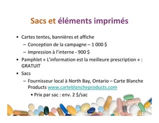 Sacs et éléments imprimés
• Cartes tentes, bannières et affiche
– Conception de la campagne – 1 000 $
– Impression à l’interne - 900 $
• Pamphlet « L'information est la meilleure prescription » :
GRATUIT
• Sacs
– Fournisseur local à North Bay, Ontario – Carte Blanche
Products www.carteblancheproducts.com
• Prix par sac : env. 2 $/sac

 