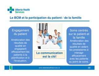 Le BCM et la participation du patient / de la famille

Engagement
du patient
Amélioration des
résultats de
qualité en
engageant
efficacement les
patients à la
planification et à
l'évaluation.

Soins centrés
sur le patient et
la famille

La communication
est la clé!

Amélioration des
résultats de
qualité en aidant
les prestataires à
interagir
efficacement
avec les patients
au point de soins.
39

 