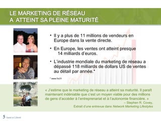 • Il y a plus de 11 millions de vendeurs en
                          Europe dans la vente directe.
                        • En Europe, les ventes ont atteint presque
                           14 milliards d’euros.
                        • L’industrie mondiale du marketing de réseau a
                          dépassé 118 milliards de dollars US de ventes
                          au détail par année.*
                        * www.fvd.fr




                     « J’estime que le marketing de réseau a atteint sa maturité. Il paraît
                     maintenant indéniable que c’est un moyen viable pour des millions
                     de gens d’accéder à l’entreprenariat et à l’autonomie financière. »
                                                                          – Stephen R. Covey,
                                       Extrait d’une entrevue dans Network Marketing Lifestyles


5 Santé et Liberté
 