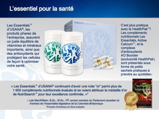 Les Essentials™
d’USANA®, les
produits phares de
l’entreprise, assurent
un juste équilibre de
vitamines et minéraux
importants, ainsi que
des antioxydants qui
protègent les cellules
de façon à optimiser
votre santé.

C'est plus pratique
avec le HealthPak™!
Les compléments
nutritionnels Les
Essentials, Active
Calcium™, et le
complexe
d'antioxydants
AO Booster
(exclusivité HealthPak)
sont présentés sous
forme de petits
sachets pratiques à
prendre au quotidien.

« Les Essentials™ d’USANA® continuent d'avoir une note "or" parmi plus de
1 600 compléments nutritionnels évalués et se voient attribuer la médaille d’or
de NutriSearch™ pour leur excellence confirmée. »*
– Lyle MacWilliam, B.Sc., M.Sc., FP, ancien membre du Parlement canadien et
membre de l’Assemblée législative de la Colombie-Britannique
*Produits d’Amérique du Nord analysés

 