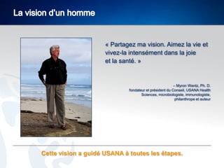 « Partagez ma vision. Aimez la vie et
vivez-la intensément dans la joie
et la santé. »

– Myron Wentz, Ph. D.
fondateur et président du Conseil, USANA Health
Sciences, microbiologiste, immunologiste,
philanthrope et auteur

Cette vision a guidé USANA à toutes les étapes.

 