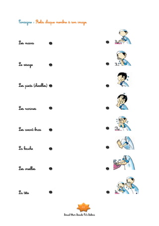 Souad Oum Sawda Wa Sakina
Consigne : Relis chaque membre à son image.
Les mains
Le visage
Les pieds (chevilles)
Les narines
Les avant-bras
La bouche
Les oreilles
La tête
12
 