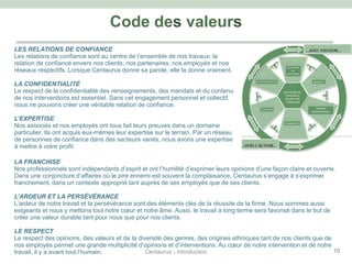 Code des valeurs
16Centaurus - Introduction
LES RELATIONS DE CONFIANCE
Les relations de confiance sont au centre de l’ensemble de nos travaux; la
relation de confiance envers nos clients, nos partenaires, nos employés et nos
réseaux respectifs. Lorsque Centaurus donne sa parole, elle la donne vraiment.
LA CONFIDENTIALITÉ
Le respect de la confidentialité des renseignements, des mandats et du contenu
de nos interventions est essentiel. Sans cet engagement personnel et collectif,
nous ne pouvons créer une véritable relation de confiance.
L’EXPERTISE
Nos associés et nos employés ont tous fait leurs preuves dans un domaine
particulier. Ils ont acquis eux-mêmes leur expertise sur le terrain. Par un réseau
de personnes de confiance dans des secteurs variés, nous avons une expertise
à mettre à votre profit.
LA FRANCHISE
Nos professionnels sont indépendants d’esprit et ont l’humilité d’exprimer leurs opinions d’une façon claire et ouverte.
Dans une conjoncture d’affaires où le pire ennemi est souvent la complaisance, Centaurus s’engage à s’exprimer
franchement, dans un contexte approprié tant auprès de ses employés que de ses clients.
L’ARDEUR ET LA PERSÉVÉRANCE
L’ardeur de notre travail et la persévérance sont des éléments clés de la réussite de la firme. Nous sommes aussi
exigeants et nous y mettons tout notre cœur et notre âme. Aussi, le travail à long terme sera favorisé dans le but de
créer une valeur durable tant pour nous que pour nos clients.
LE RESPECT
Le respect des opinions, des valeurs et de la diversité des genres, des origines ethniques tant de nos clients que de
nos employés permet une grande multiplicité d’opinions et d’interventions. Au cœur de notre intervention et de notre
travail, il y a avant tout l’humain.
 