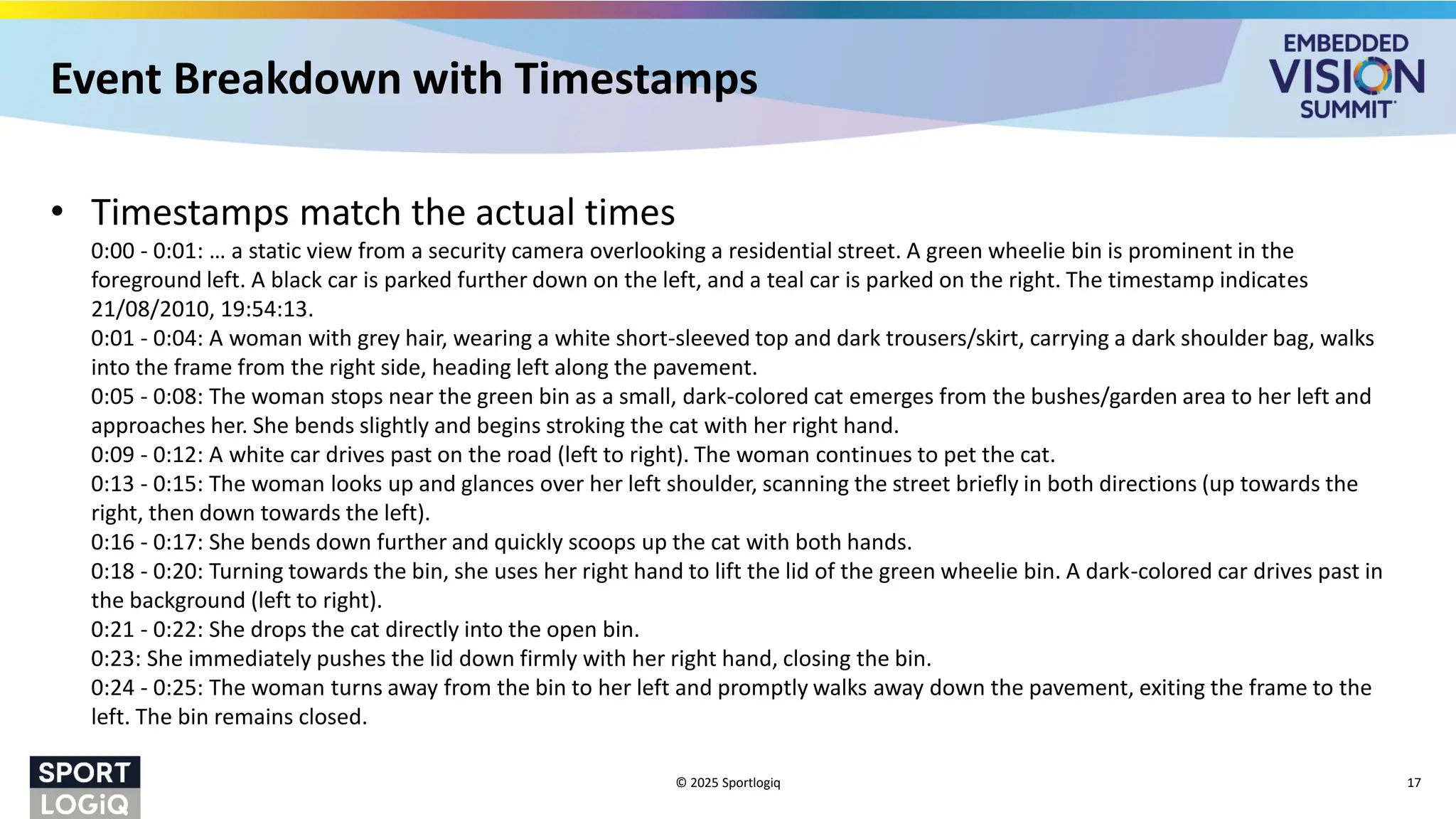 Event Breakdown with Timestamps
• Timestamps match the actual times
0:00 - 0:01: … a static view from a security camera overlooking a residential street. A green wheelie bin is prominent in the
foreground left. A black car is parked further down on the left, and a teal car is parked on the right. The timestamp indicates
21/08/2010, 19:54:13.
0:01 - 0:04: A woman with grey hair, wearing a white short-sleeved top and dark trousers/skirt, carrying a dark shoulder bag, walks
into the frame from the right side, heading left along the pavement.
0:05 - 0:08: The woman stops near the green bin as a small, dark-colored cat emerges from the bushes/garden area to her left and
approaches her. She bends slightly and begins stroking the cat with her right hand.
0:09 - 0:12: A white car drives past on the road (left to right). The woman continues to pet the cat.
0:13 - 0:15: The woman looks up and glances over her left shoulder, scanning the street briefly in both directions (up towards the
right, then down towards the left).
0:16 - 0:17: She bends down further and quickly scoops up the cat with both hands.
0:18 - 0:20: Turning towards the bin, she uses her right hand to lift the lid of the green wheelie bin. A dark-colored car drives past in
the background (left to right).
0:21 - 0:22: She drops the cat directly into the open bin.
0:23: She immediately pushes the lid down firmly with her right hand, closing the bin.
0:24 - 0:25: The woman turns away from the bin to her left and promptly walks away down the pavement, exiting the frame to the
left. The bin remains closed.
© 2025 Sportlogiq 17
 