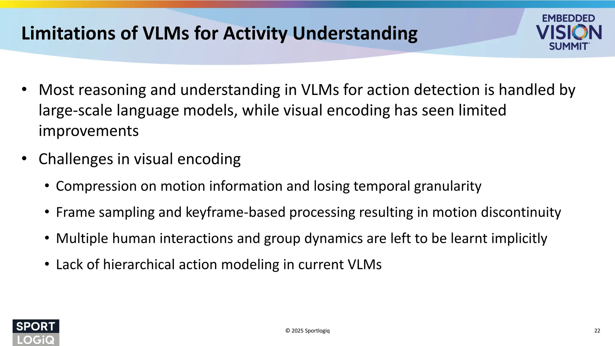 Limitations of VLMs for Activity Understanding
• Most reasoning and understanding in VLMs for action detection is handled by
large-scale language models, while visual encoding has seen limited
improvements
• Challenges in visual encoding
• Compression on motion information and losing temporal granularity
• Frame sampling and keyframe-based processing resulting in motion discontinuity
• Multiple human interactions and group dynamics are left to be learnt implicitly
• Lack of hierarchical action modeling in current VLMs
© 2025 Sportlogiq 22
 